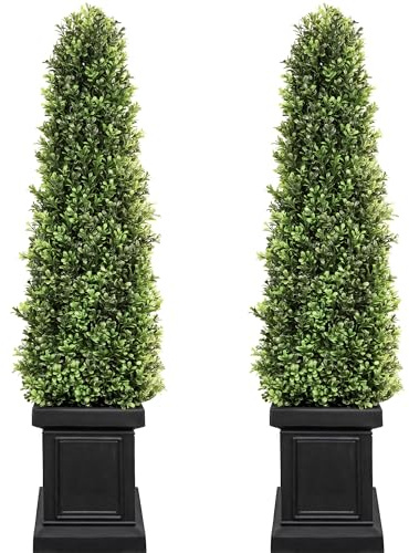 3.5ft Boxwood Outdoor Topiary Set of 2, Tall All Year Green Fake Plant Topiary Trees Artificial Outdoor Porch Trees with Sturdy Pot for Outdoor Indoor (Square)