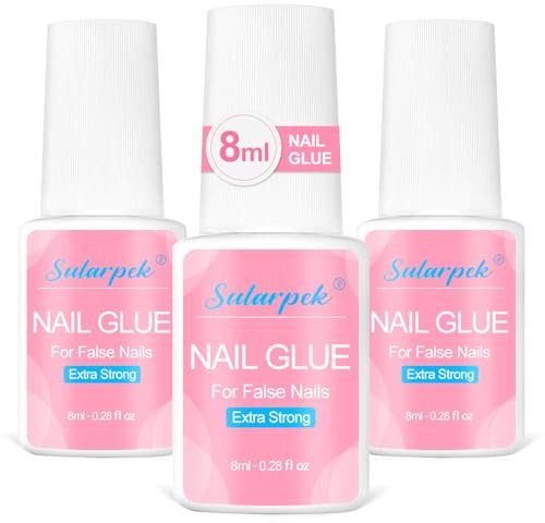 Sularpek Nagelkleber, 3 Stück 8 ML für Tips und Kunstnägel, Extra Stark, mit Pinsel, Professionell