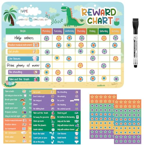 Magnetic Reward Chart for Kids, Behaviour Chart Pad for Children with 52 Behaviour Stickers, 120 Star Stickers for Social, Routine, Potty Training (Dinosaur)
