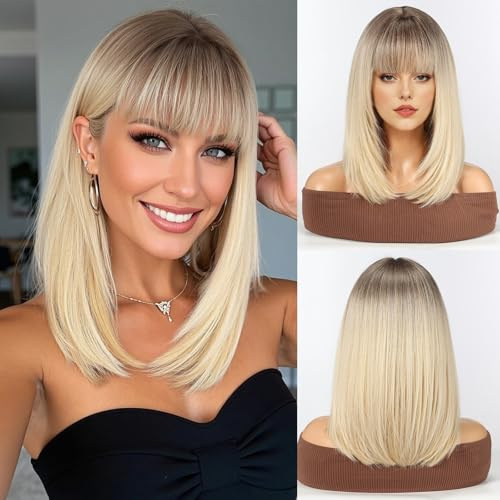 WOKESTAR Staright Perücke mit Fransen Synthetische Mittellange Geschichtete Perücken für Frauen Blonde Farbe