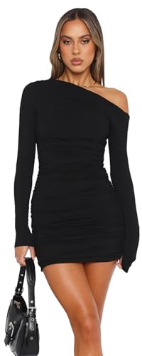 Kxydlww Damen Kleider Sexy Bodycon Kleid Langarm Minikleid One Shoulder Kurzes Kleid Elegante Winterkleid Modische Einfarbig Wickelkleid Hemdkleid Herbstkleid Partykleid Schwarz