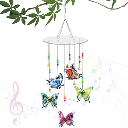 TOTSUN Butterfly Wind Chimes, 5D Diamonds Art Painting Wind Chime for Garden with 5 Colorful Butterflies and 49 Beads, DIY Hanging Sun catcher Accessories for for Birthday Gifts