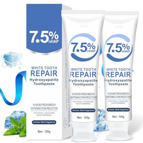 2pcs Hydroxyapatite Toothpaste,7.5% Nano Hydroxyapatite Toothpaste for Enamel Protection,White Tooth Repair Tooth Paste for Sensitive Teeth,Fluoride-Free Formula with Gentle Mint,2 * 120g