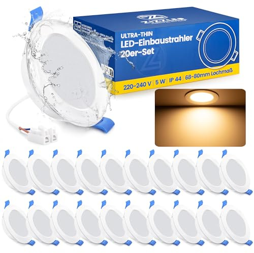 ZIZZLER 20er Set LED Einbaustrahler Spots 230V Flach 68-80mm Lochmaß, Warmweiß Deckenspots, IP44 Einbauleuchten für Badezimmer Feuchtraum, 5W 3000K Einbauspots für Küche Schlafzimmer Wohnzimmer