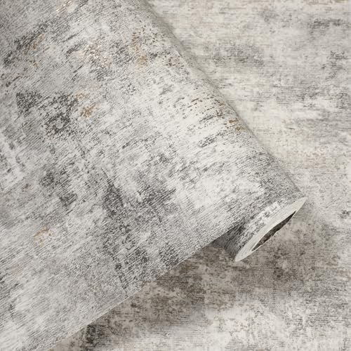 Beswitory Grey Cove Wallpaper Concrete Effect Wallpaper Luxury Wall Paper with Distressed Pattern, Industrial Textured Finish & Metallic Detailing for Living Room, Bedroom, Fireplace （Charcoal）