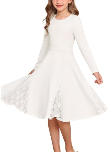 GRACE KARIN Kids Mädchen Langarm A-Linie Kleid Spitzeneinsätzen Festliches Partykleid Weiß 6-7 Jahre