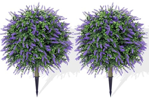 Artificial Lavender Topiary Ball Trees (Set of 2) –24 Tall UV-Resistant Fake Evergreen Shrubs with Ground Spike for Outdoor Planters, Porch, Garden & Indoor Decor (Lavender)