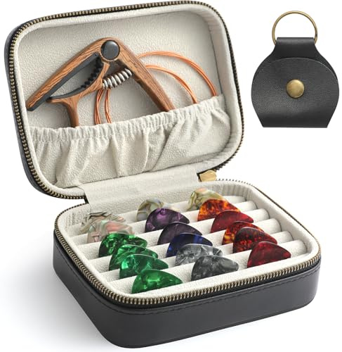 NGVRC Genuine Leather Guitar Pick Case Holder Box, Acoustic Electric Guitar Accessories Gift for Guitar Player (Black)