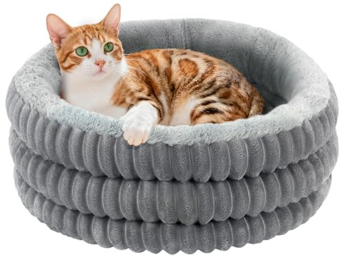 TECHTAIL Cat Bed, 20’’ Round Donut Fluffy Cat Beds for Indoor Cats and Small Dogs, Washable Deep Sleep Calming Pet Bed Kitten Bed