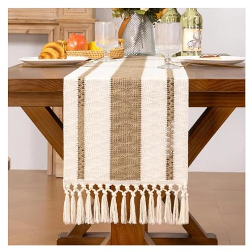 XUCZHAI Camino de Mesa de otoño, Camino de Mesa de algodón de arpillera de Granja con borlas, macramé Tejido, decoración del hogar for Mesa de Sala de Estar(Brown,30x160cm)
