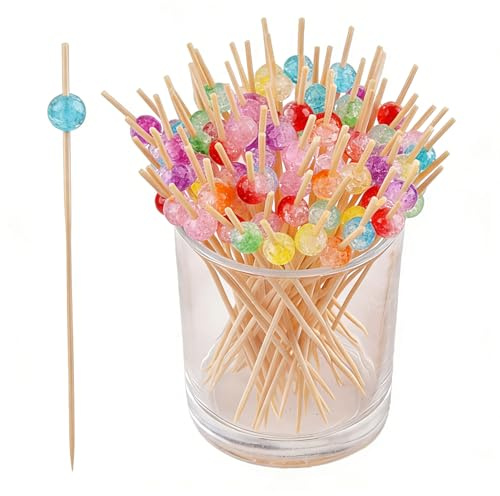 50 Stück Cocktailspieße,12 cm Holz Spieße Fingerfood Partypicker mit Bunter Acrylperle,für Grillgut, Fingerfood, Obst-Spieß, Candy und Antipasti für Party Geschenk Fasching Geburtstag Party