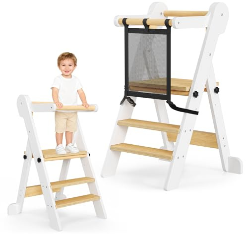 Niktulo Torre di Apprendimento Pieghevole per Bambini con borsa a rete,2 Altezze Regolabili,Torre Montessoriana di Apprendimento da 1 a 6 Anni per Bambini Montessori Learning