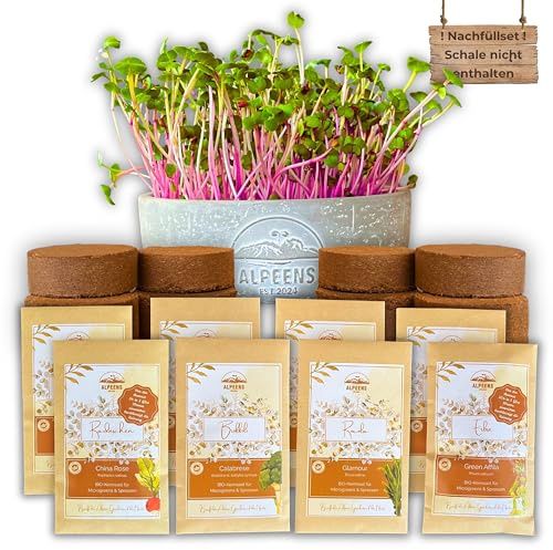Alpeens® Microgreens Kresse-Nachfüllset - 8x Bio-Saatgut aus Italien, 8x Kokoserde, Anleitung, für Zuhause & als Geschenk