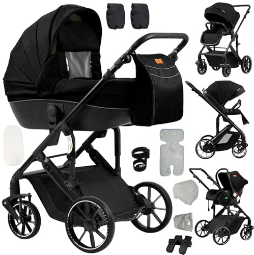 Aveainelle 4-in-1 Pushchair Pram, Travel System Reclining and Reversible, One-Click Folding Baby Stroller, Infant Buggy with Complete Accessories, Front and Rear Wheel Dual Brake Mode (Black)