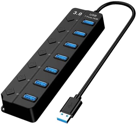 7-Port USB 3.0 Hub with Individual Switches and LED, High-Speed Data Hub Extension for Pc, Laptop, Macbook, Flash Drives, Mobile HDD
