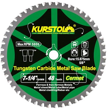 184mm Metal Cutting Circular Saw Blade - KURSTOL 48T Ceramic Carbide Saw Blade Bore 15.875mm for Steel, Iron, Steel Pipe, Non-Ferrous and Ferrous Metals