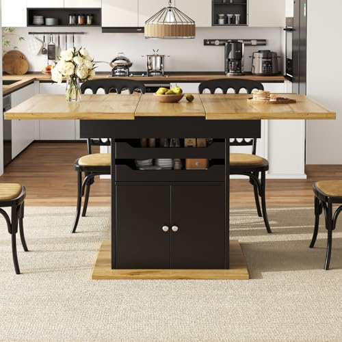 YEHTOKHOME Table à Manger Extensible 4-6 Personnes, Table de Cuisine Rectangulaire avec Rangement Intégré, 2 Tiroirs Soft-Close, pour Petits Espaces, 110-140x80 cm, Noir (H)