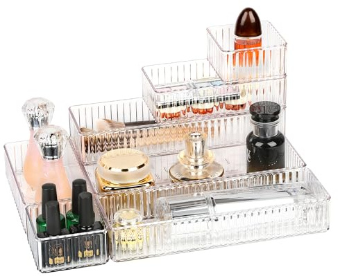 ZAVAQES 7 PCS Clear Drawer Organizers Bins, 4-Size Stackable Makeup Drawer Organizer Trays, Drawer Storage Containers, Desk Drawer Organizer Trays, Drawer Dividers for Kitchen, Bathroom, Makeup