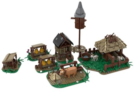 MOC Mittelalter Bauernhof Set 797 Teile, Klemmbausteine Dorf Erweiterung mit Tieren, Hühnerstall & Brunnen - Kreatives Bauset