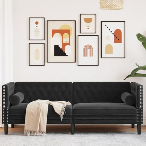 Yunovire Divano Chesterfield 3 Posti Nero in Velluto con Cuscino Collo 194cm Larghezza per Salotto Camera da Letto Comodo Divano Imbottito Adulto