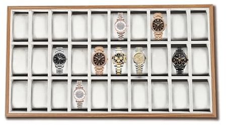 Wipportja Caja de reloj para 30 relojes, caja de reloj con 30 compartimentos, caja de reloj con cojín extraíble, textura de madera, caja de almacenamiento 53,5 x 29,2 cm