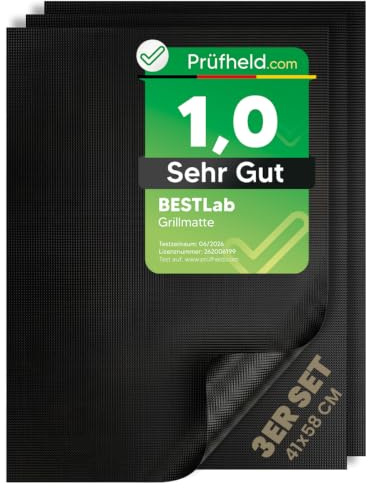 BestLab [ Test SEHR GUT, Note 1.0 *] 3er Set Antihaft Grillmatte für Gasgrill 41x58cm, Keine Grillbürste nötig, Wiederverwendbare BBQ Grillmatten, Gas Grill Matte als Dauerbackfolie, Grillzubehör | SEHR GUT getestet
