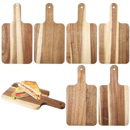 Lot de 6 planches à découper en bois, planche à découper en acacia naturel, planche de service avec poignée pour maison, restaurant, fête et pique-nique