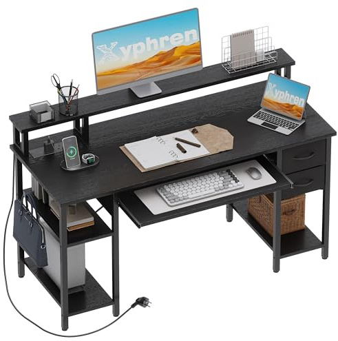 Xyphren Skrivbord med 2 lådor, Datorbord Gaming bord med tangentbordshylla, höjdjusterbar sidohylla, monitorställare och eluttag för hemmakontor och vardagsrum,120 * 50cm,Svart
