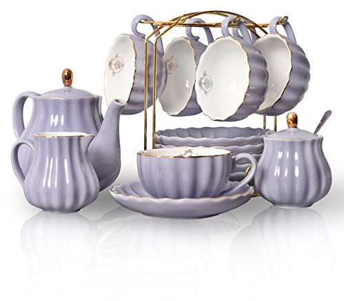 Sweejar Home Porcelain Tea Set Royal Family 225 ml Cups and Saucers for Wedding Ceramic Porcelain Tea Cup Set (Purple)