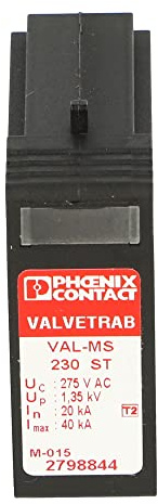 PHOENIX CONTACT VAL-MS 230 ST (2798844), 1 Position, 275 VAC, Black, IP20, Surge Protection Plug, Thermal Monitoring, Type 2, Visual Fault Warning, with HIGH-Capacity VARISTOR for VAL-MS Base Element