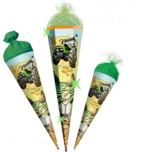 mit 3D Glanz-Folien - Effekt ! Schultüte - Traktor - Farmer - 22-85 cm - Größe wählbar - mit Holzspitze - 6 eckig - Netzabschluß - Zuckertüte - Roth - S..