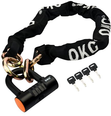 OKG Heavy Duty Chain Lock - 4 Keys, 11lbs, 4 ft x 1/2 in (12mm) Thick Cinch Security Chain Combo 11/16 (18mm) Small U Lock for Motorcycles, Mopeds, E-Bikes, Trailers, ATVs, etc.