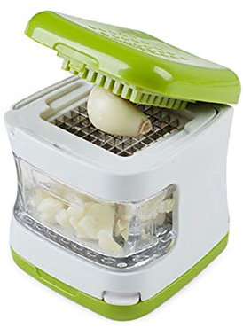 Prensa de ajos, picadora y cortador de ajo con recipiente de almacenamiento, construcción duradera y resistente