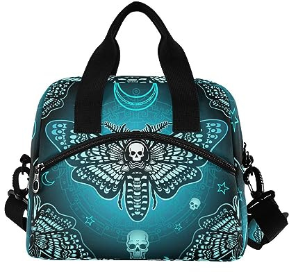 ALAZA Lunch Bags for Women Girls Boys, Butterfly Skull Blue Insulated Lunch Box with Shoulder Straps and Handle, Crossbody Tote Lunch Bag for School Office