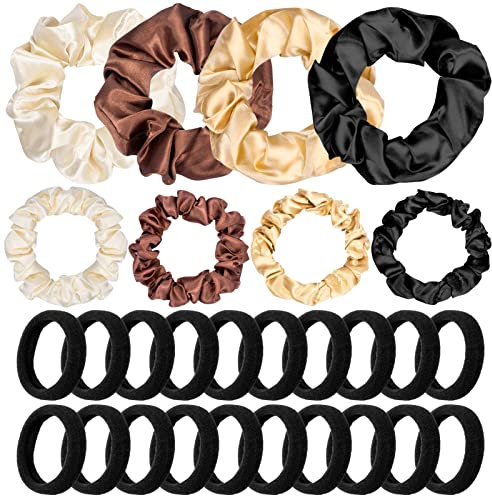 28 Stück Haargummis Seide Scrunchies, Schwarz Elastische Haar Bobbles, Weiche Satin Scrunchies, Stretch Haarbänder Pferdeschwanz für Dickes Haar Damen Mädchen Frauen