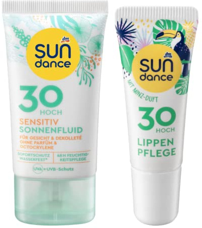 SUNDANCE 2er-Set Sonnenschutz: SONNENFLUID SENSITIV Feuchtigkeitspflege für empfindliche Haut ohne Parfüm & Octocrylene, LSF 30 (50 ml) + Lippenpflege MINZE, LSF 30 (10 ml), 60 ml