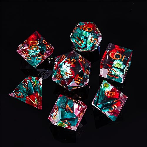 DND Sharp-Edge-Würfel-Set, 7-teilig, Polyedrisches Würfel-Set für Dungeons and Dragons Würfel, D&D-Würfel, Rollenspiele, D- und D-Würfel D20, D12, D10, D8, D6, D4, mit Geschenkbox (rote Blumen)