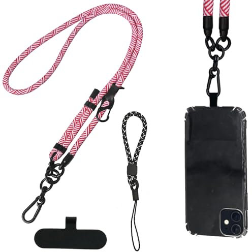 Cell Phone Lanyard,8mm Cell Phone Lanyard Crossbody with Wrist Strap,Adjustable Phone Strap,Thick Rope Cell Phone Lanyard,Phone Wrist Strap with 2 Phone Spacer(Red White)