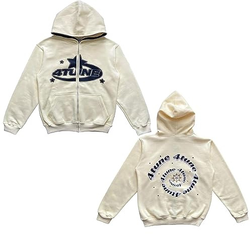 4 TUNE Zip Up Hoodie, Fortune Star Letter Print Hoodie, Y2K Fleecetröja med Full Dragkedja(White,S)