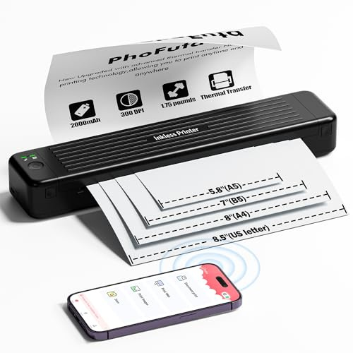 PhoFuta P831 Tragbarer Drucker Bluetooth Thermotransferdrucker, 300 DPI Kleiner mobiler Drucker für Reisen, Zuhause, Büro, Geschäftsreise, Schule, kompatibel mit Telefon & Laptop, unterstützt