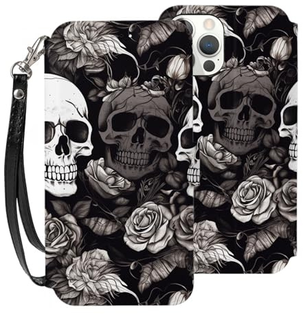 VVTDESA Black Floral Skull Printed Wallet Case for iPhone 12-6.1 Inch with Card Holder, Pu Leather Card Slots Flip Phone Wallet Case with Wrist Strap