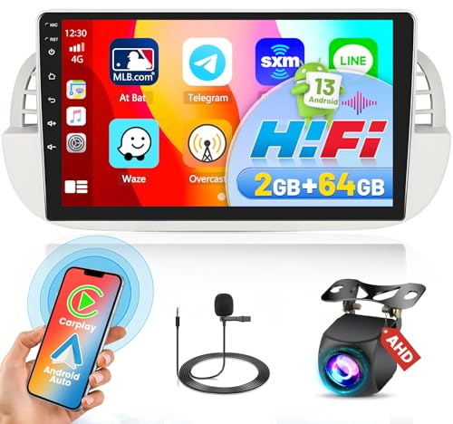 2G+64G Car Radio for Fiat 500 2007-2015 Wireless Carplay Android Auto HiFi, 9'' Touch Screen Car Stereo with Bluetooth Radio for Fiat 500 with GPS Mirror Link WiFi SWC FM RDS EQ+Reversing Camera