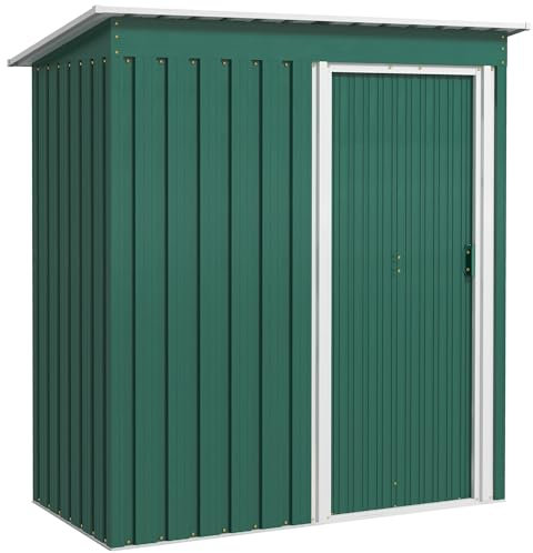 Outsunny 5 x 3ft Metal Garden Shed, Outdoor Storage Shed Galvanised Steel with Lockable Sliding Door and Sloped Roof, Waterproof Lean to Garden Tool Shed for Garden Patio, Green