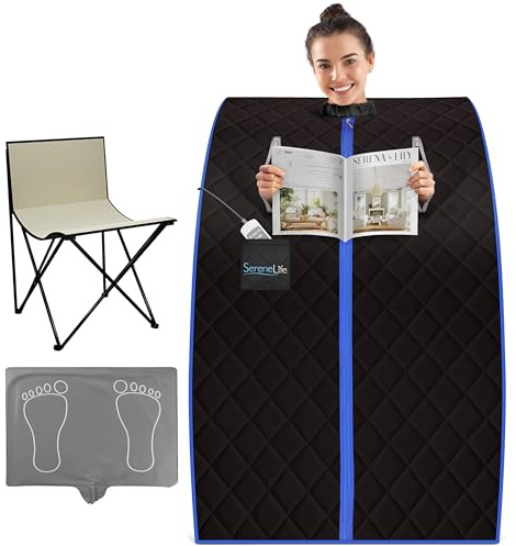 SereneLife Compact & Portable Infrared Steam Sauna, Personal Spa Style Sauna for at-Home Relaxation and Rejuvenation, Easy Access Sit-in Design, Foldable Chair, Energy Efficient, Foot Pad Heating Mat
