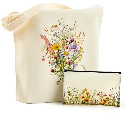 Hestya Jutebeutel Bedruckt Blumen Stofftasche Damen Stoffbeutel Lange Henkel Große Einkaufsbeutel Kosmetiktasche Tote Bag Geschenk für Erntedankfest Halloween Weihnachten(Wildblumen)