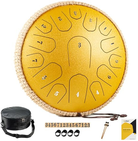 MeloBeat Zungentrommel 13 Zoll 15 Töne - Professionelles Steel Tongue Drum Handpan Set in D Dur inkl. Zungentrommel Liederbuch, Schlagzeug Sticks und Trommel Tragetasche (Gold)
