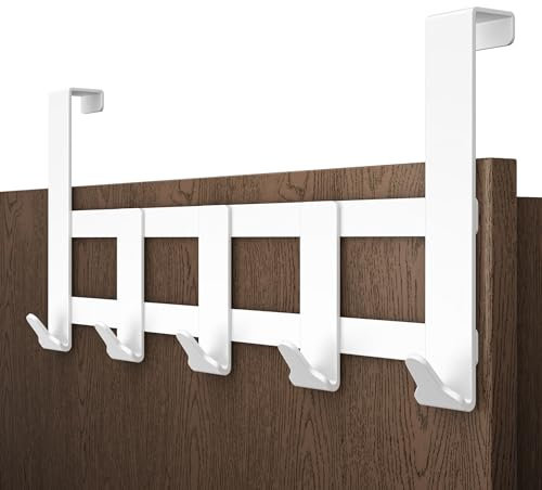 Menz Premium Türgarderobe zum Einhängen, 5 Haken - Weiße Türhaken zum Einhängen aus Edelstahl, extrem belastbare Kleiderhaken Tür, hochwertige Türhakenleiste, universeller Handtuchhalter Tür