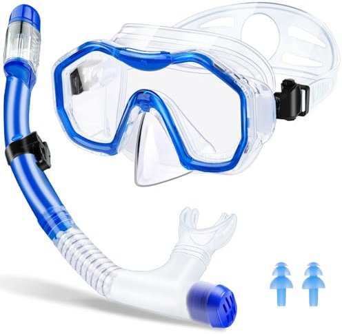 Tmysim Set da Snorkeling per Adulti con boccaglio e Maschera Subacquea,Maschera Subacquea Adulti,Anti-Fog,Anti-Perdita,Vetro temperato,Panoramica a 180°,Maschera per Immersioni (Blue)