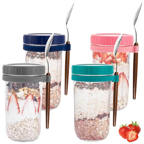 LDHHYH 4er-Pack Overnight Oats Gläser 600ml, Glas Müslibecher to go mit Deckel und Löffel, Overnight Oats Behälter, Overnight Oats Gläser für Müsli, Porridge