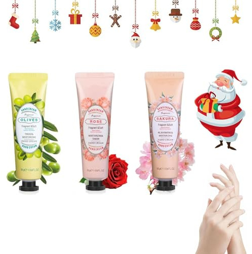 Noël Coffret Cadeau Femme,Noël Crèmes Mains Hydratantes,Crèmes pour Mains,Réparatrices et Hydratantes,Coffret Cadeau pour Saint-Valentin,Cadeau,d'Anniversaire,3 Pièces(Roses+Olives+Fleurs de Cerisier)